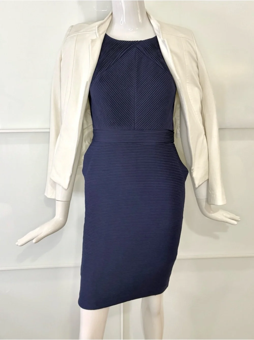 RW&CO Workwear Chic Blue Textured Dress Pockets Stretch Zip Back XS - Picture 2 of 9